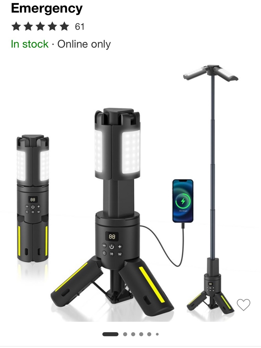 Emergency LED Telescoping Work Light with USB Charging - Black/Yellow
